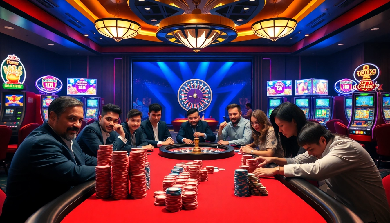 Players enjoying a thrilling poker game at MM88, showcasing intensity and excitement in a vibrant casino scene.