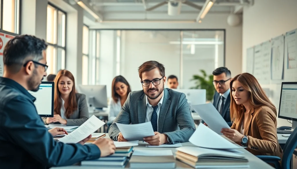 Professional translators collaborating in a modern office for traducere autorizată services.