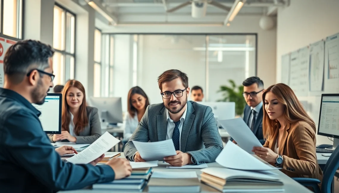 Professional translators collaborating in a modern office for traducere autorizată services.