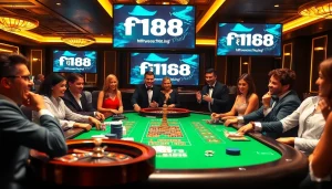 Players engaging in high-stakes gambling at https://f168.ing/ with vibrant casino elements and excitement.