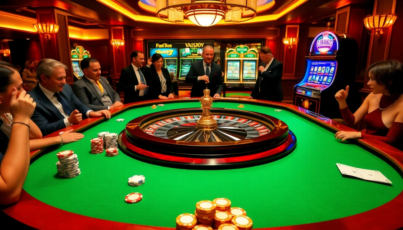 Players engaging at a roulette table with luck8-themed poker chips in a luxurious casino.