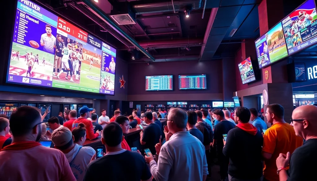 Engaged fans enjoying sports betting sites California in a vibrant sports bar atmosphere.