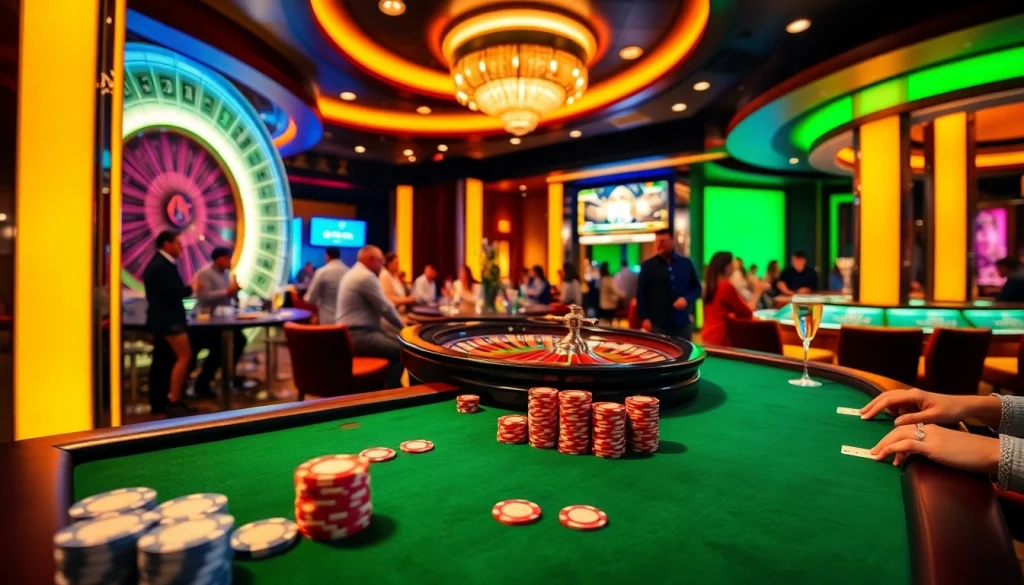 Experience a thrilling poker game at a Rio-inspired casino, showcasing vibrant chips and joyful players.