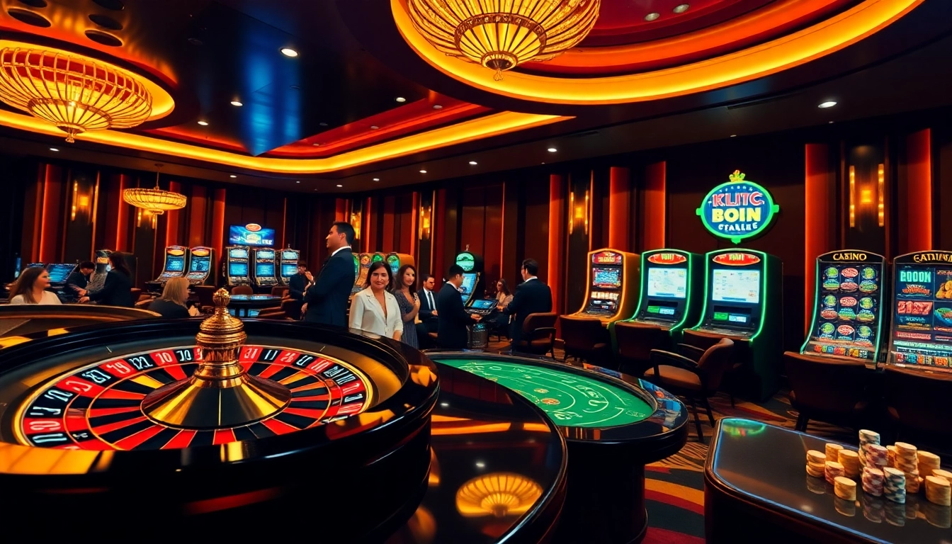 Engaging KKWIN casino scene with roulette and slot machines, showcasing thrilling gambling experiences.