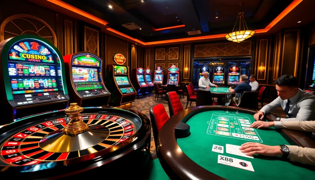 Experience thrilling gaming action at XN88 with gamblers enjoying poker and slot machines.