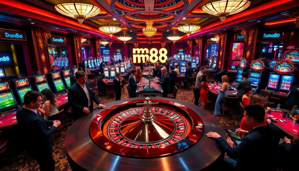 Engaging gamblers in a luxurious mm88 london casino scene with vibrant gaming tables and roulette.