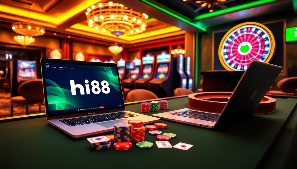 Experience betting excitement at Hi88's luxury online casino with vibrant tables and slot machines.
