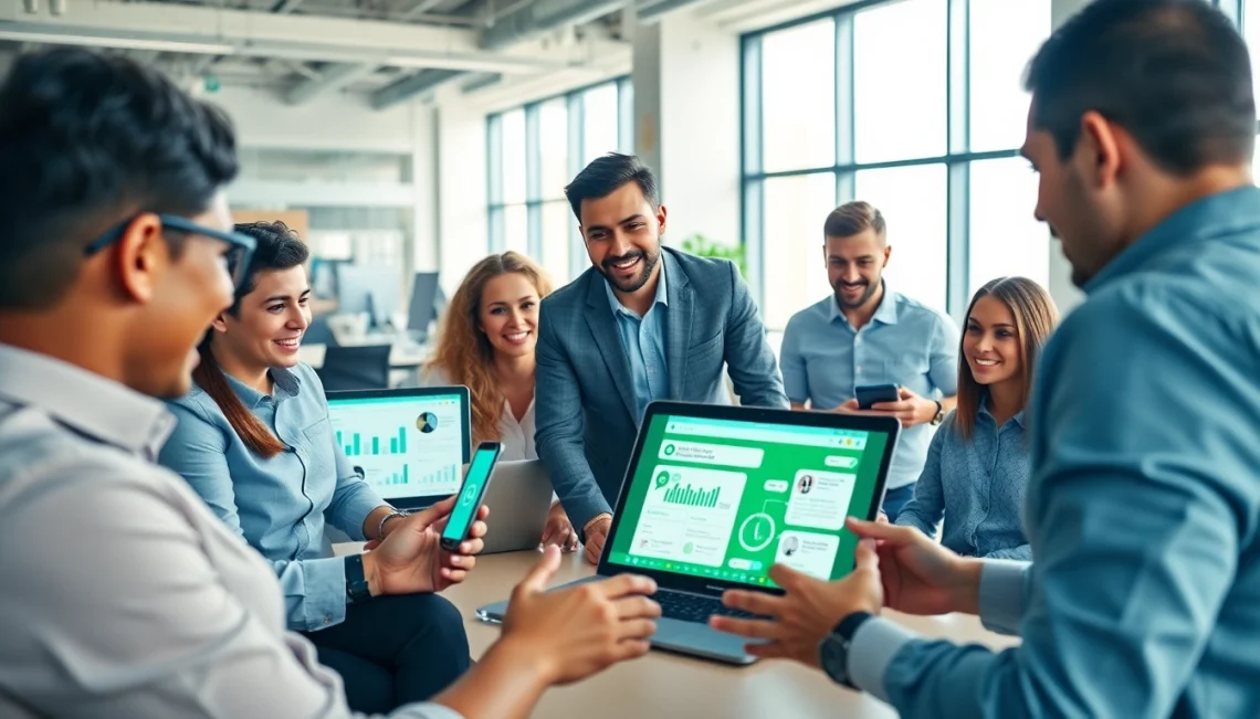 Team strategizing the integration of WhatsApp Business CRM in a modern office setting.