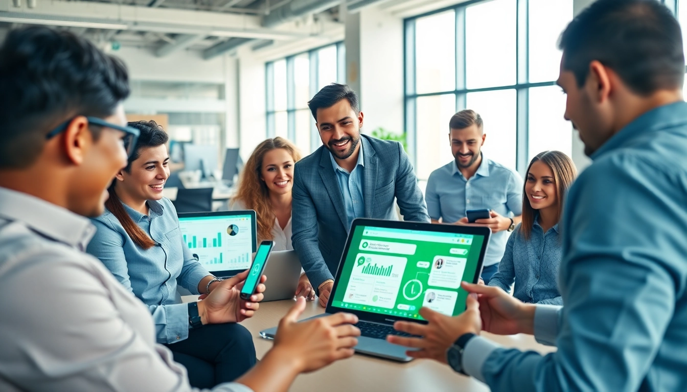 Team strategizing the integration of WhatsApp Business CRM in a modern office setting.