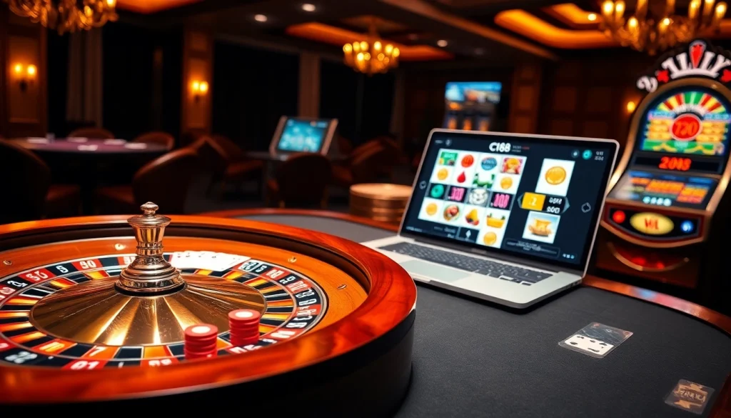 C168 Casino's vibrant roulette table and poker scene, inviting thrilling gambling experiences.