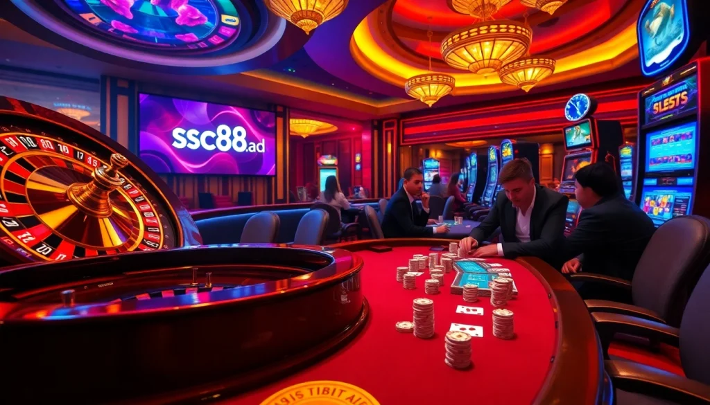 Gamble smartly at sc88.ad with a vibrant casino scene featuring roulette and poker games.