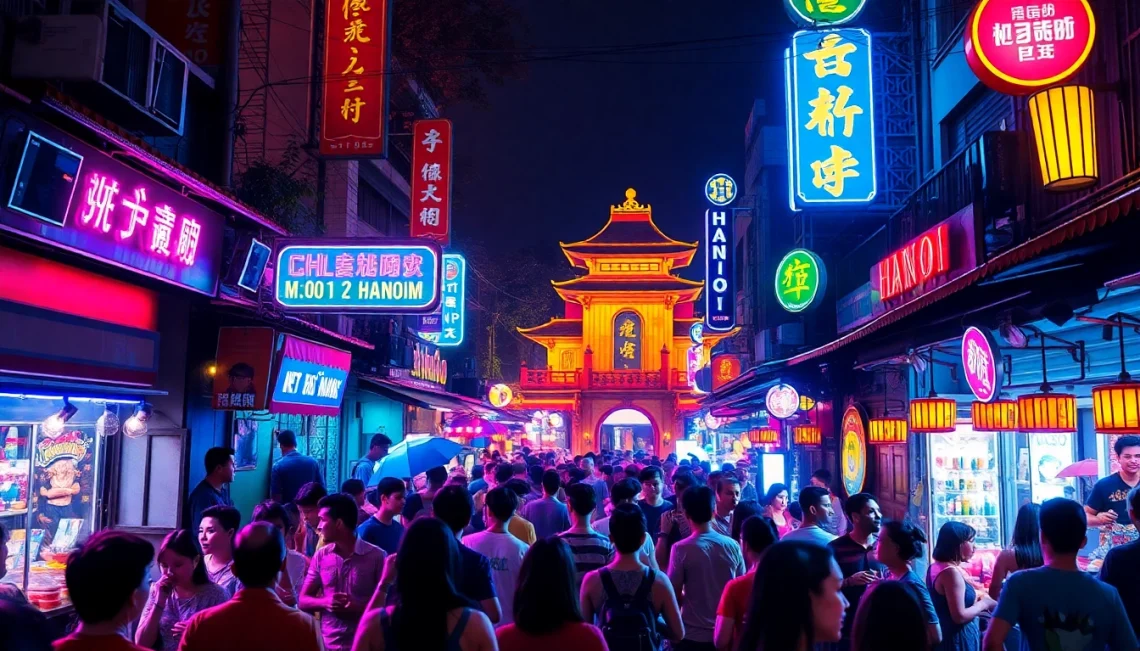 Explore the vibrant 하노이밤문화 scene with bustling nightlife, colorful bars, and energetic crowds in Hanoi, Vietnam.