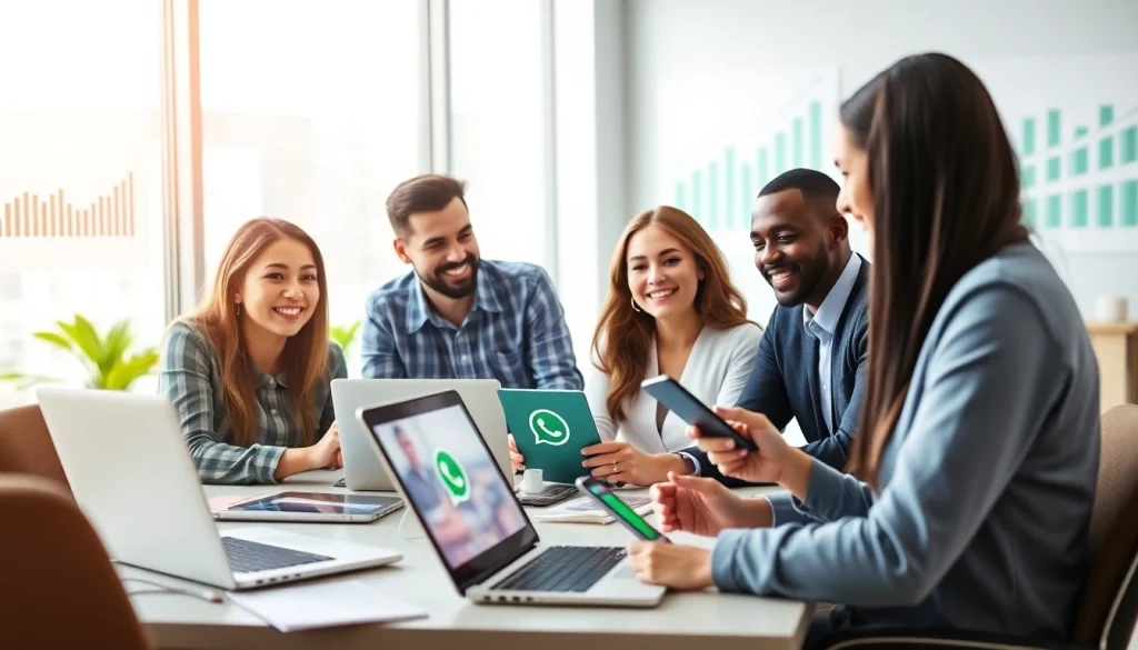 Engaging professionals collaborating on WhatsApp Business CRM integration in a modern workspace