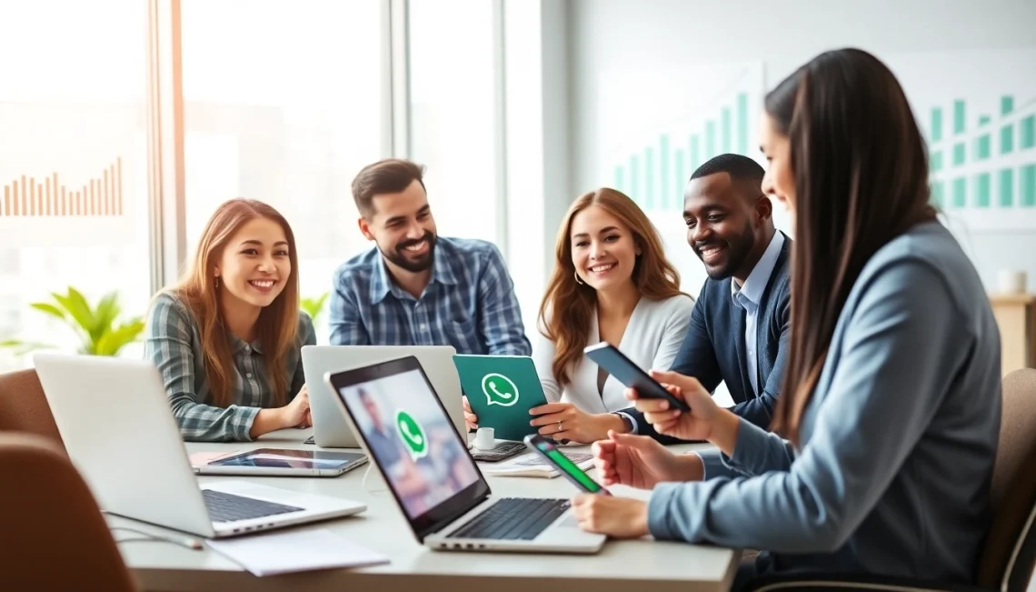 Engaging professionals collaborating on WhatsApp Business CRM integration in a modern workspace