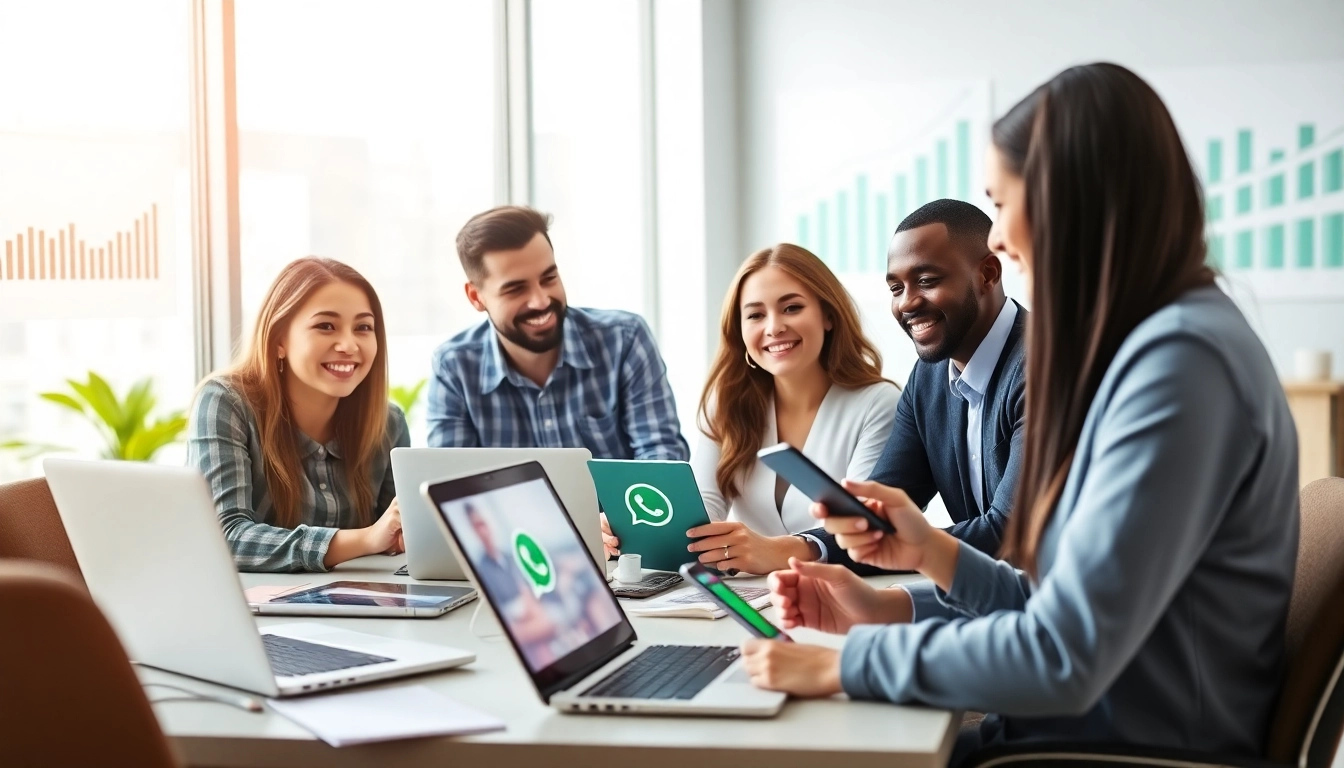 Engaging professionals collaborating on WhatsApp Business CRM integration in a modern workspace