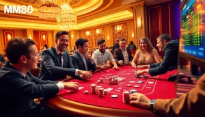 Engaged players at a colorful MM88 casino table, showcasing vibrant cards and chips.