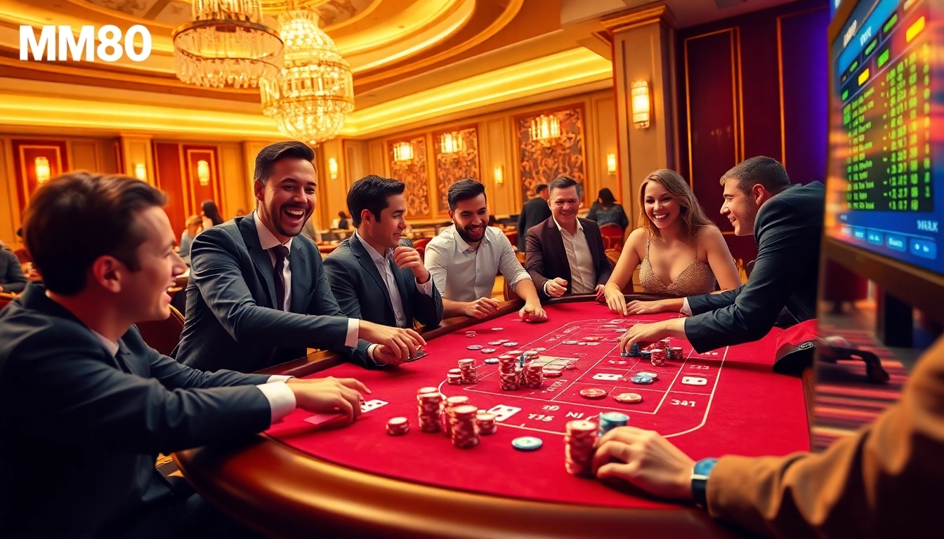 Engaged players at a colorful MM88 casino table, showcasing vibrant cards and chips.