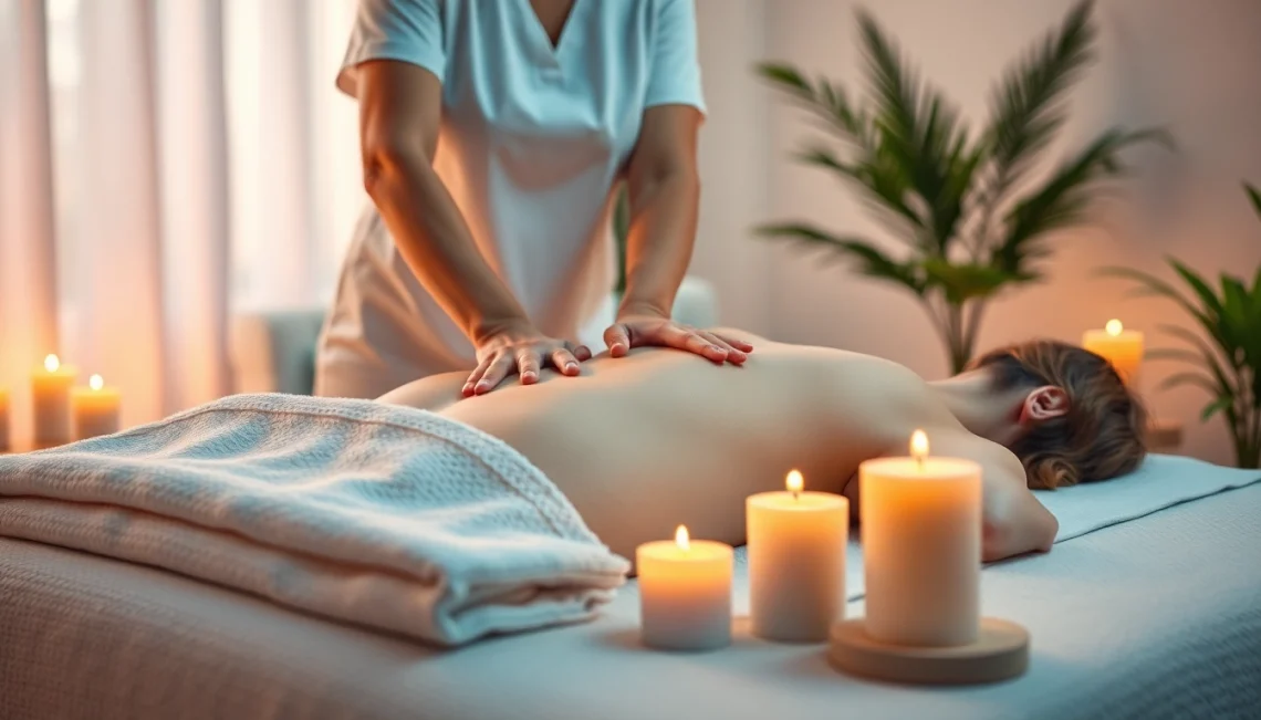 홈타이 마사지로 긴장을 푸는 모습, 아늑한 조명 아래 편안한 분위기