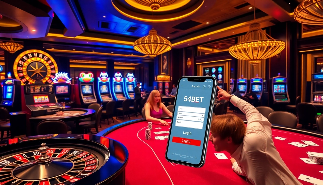 Experience the excitement of 54BET Login with vibrant gambling activities in a luxurious casino.