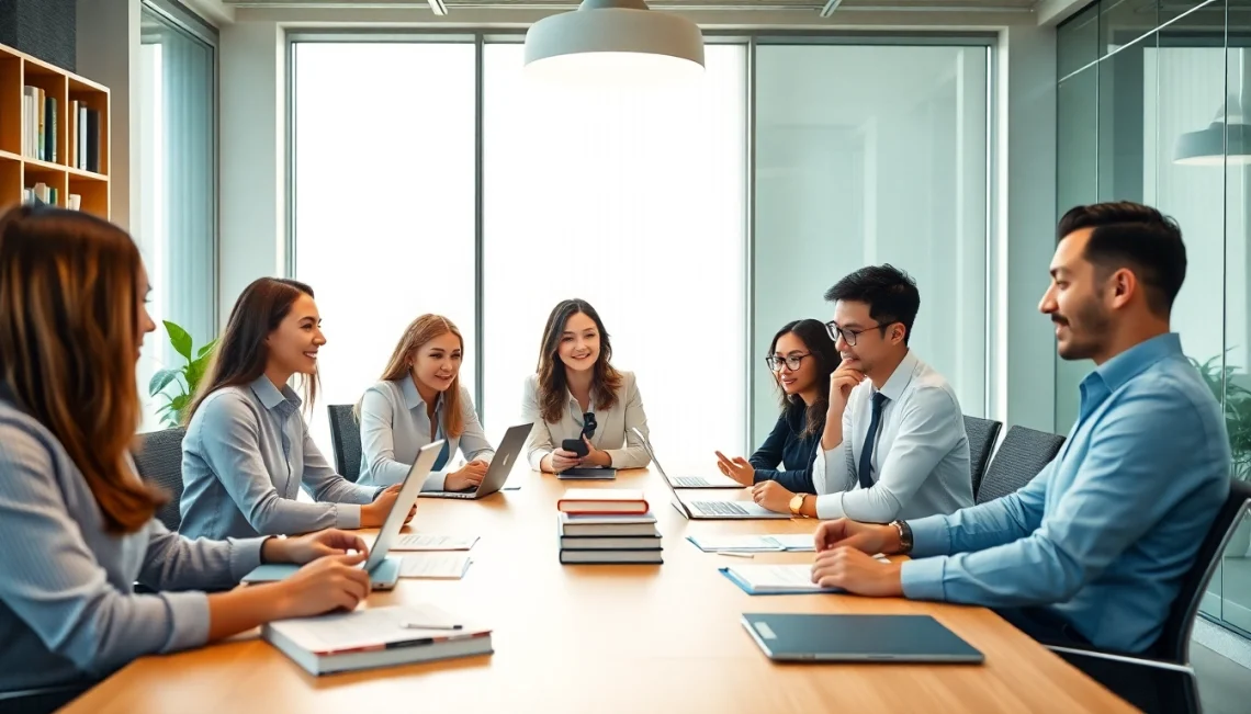 Des professionnels de l'agence de traduction collaborant dans un bureau moderne pour des services de traduction de haute qualité.