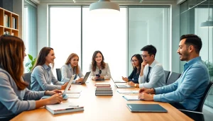 Des professionnels de l'agence de traduction collaborant dans un bureau moderne pour des services de traduction de haute qualité.