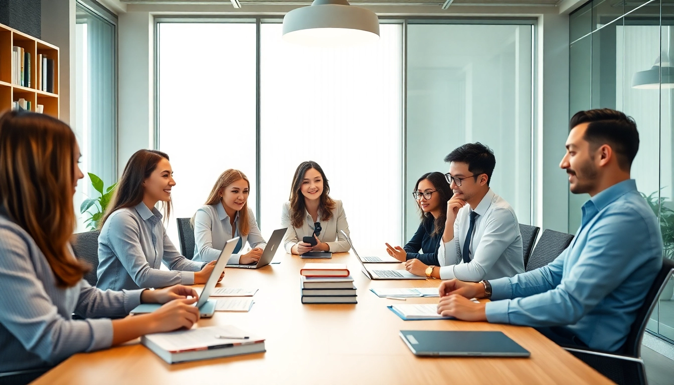 Des professionnels de l'agence de traduction collaborant dans un bureau moderne pour des services de traduction de haute qualité.