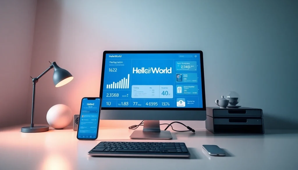 HelloWorld software interface illustrating seamless connectivity and global communication in a modern workspace.