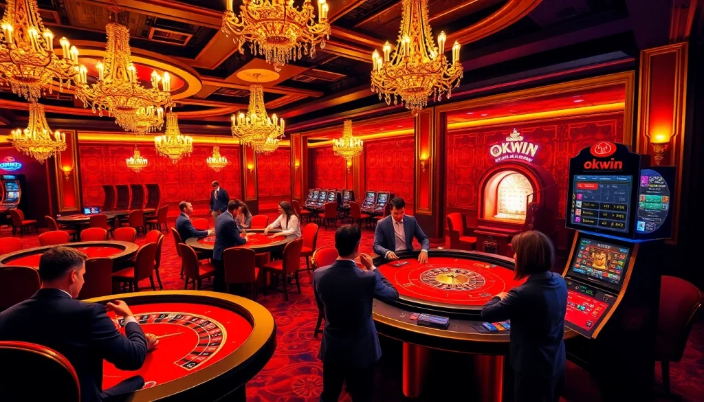Experience the thrill of Okwin gaming with players at a luxury casino table.