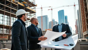 Manhattan General Contractor supervising a construction site with blueprints and tools visible.