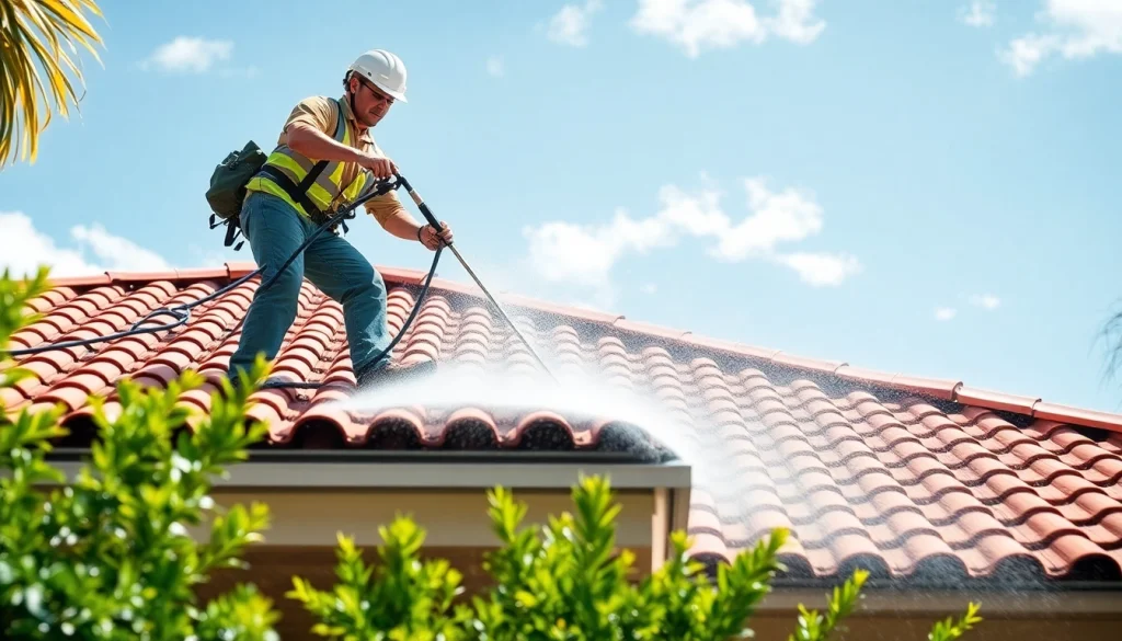 Roof cleaning service showcasing a technician using eco-friendly solutions to clean a residential roof in Kissimmee, FL.