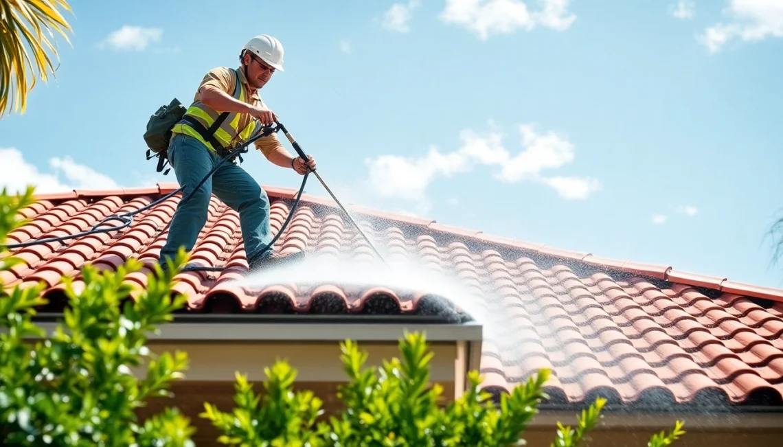 Roof cleaning service showcasing a technician using eco-friendly solutions to clean a residential roof in Kissimmee, FL.