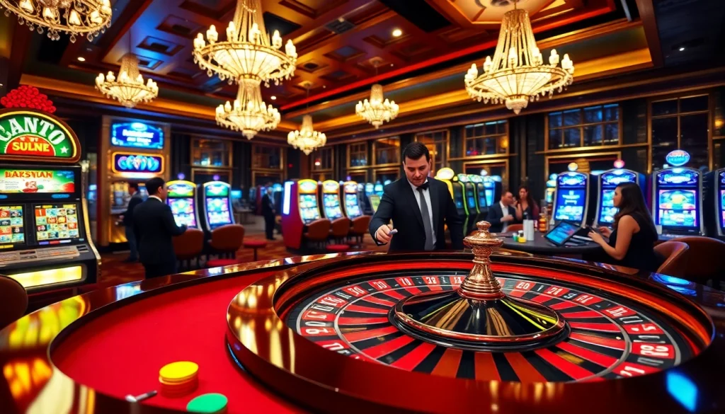 S8 players enjoying an exciting game at a luxurious roulette table in a vibrant casino.