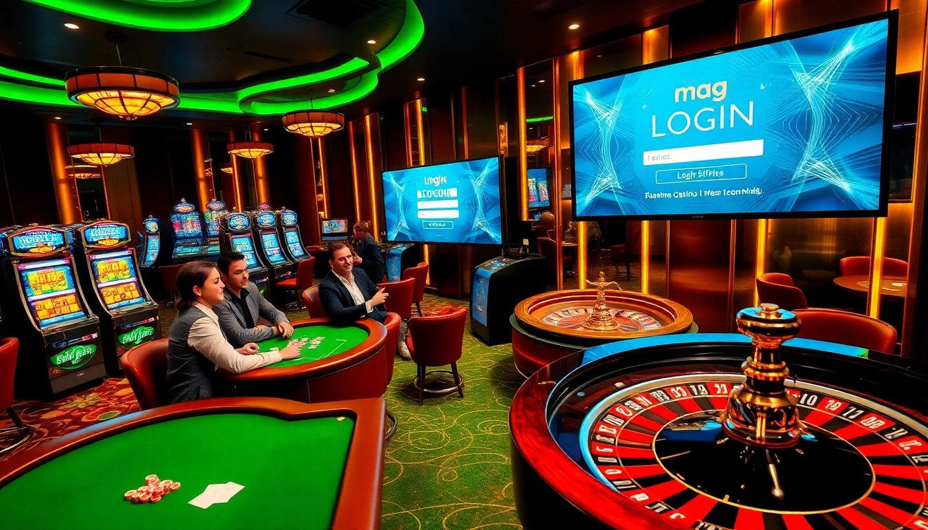 Experience the excitement of online gaming with Mag Login showcased amidst a vibrant casino atmosphere.