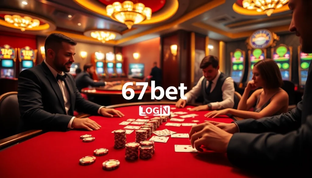 Engaging scene of players at a poker table during the 67bet Login experience, showcasing excitement in a casino atmosphere.