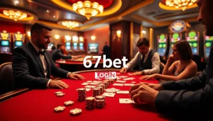 Engaging scene of players at a poker table during the 67bet Login experience, showcasing excitement in a casino atmosphere.
