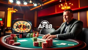 Experience a thrilling poker game at AF88 casino with vibrant chips and cards.