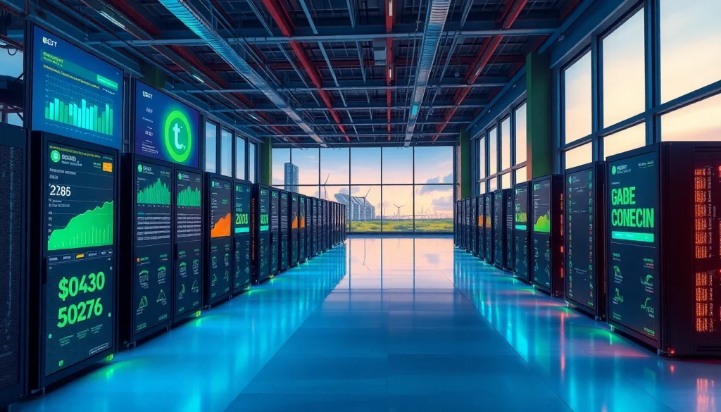 Dogecoin cloud mining facility showcasing advanced AI-driven technology and renewable energy.