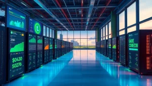 Dogecoin cloud mining facility showcasing advanced AI-driven technology and renewable energy.