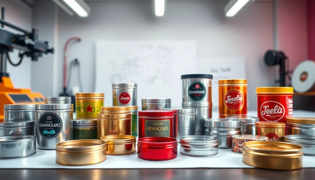 Custom tins showcasing unique designs and vibrant colors in a modern packaging studio.
