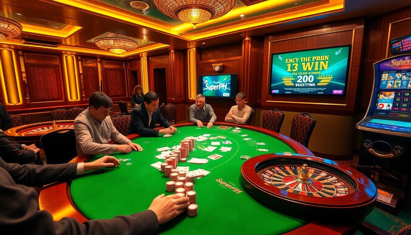 Play and win at SuperPH with vibrant casino atmosphere featuring excited players and dynamic gambling action.