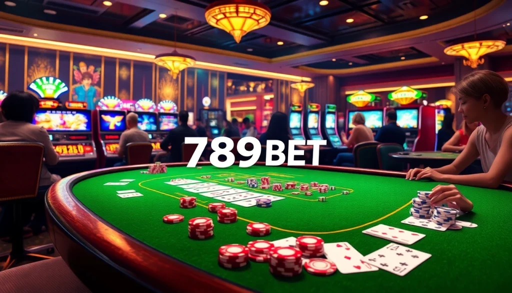 Exciting casino atmosphere featuring 789BET with vibrant gaming tables and slot machines.