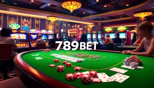 Exciting casino atmosphere featuring 789BET with vibrant gaming tables and slot machines.