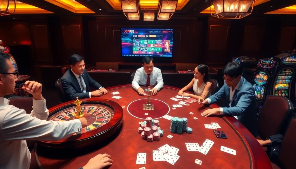 XN88's luxurious casino environment showcasing poker tables, roulette wheels, and engaged players enjoying online gambling.