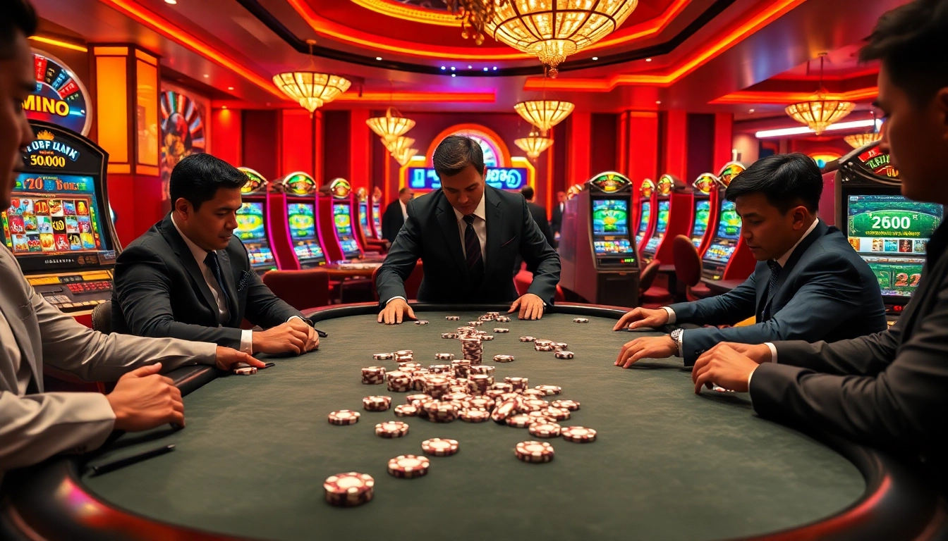 Action-packed poker game at nohu90 casino with vibrant slot machines in the background.