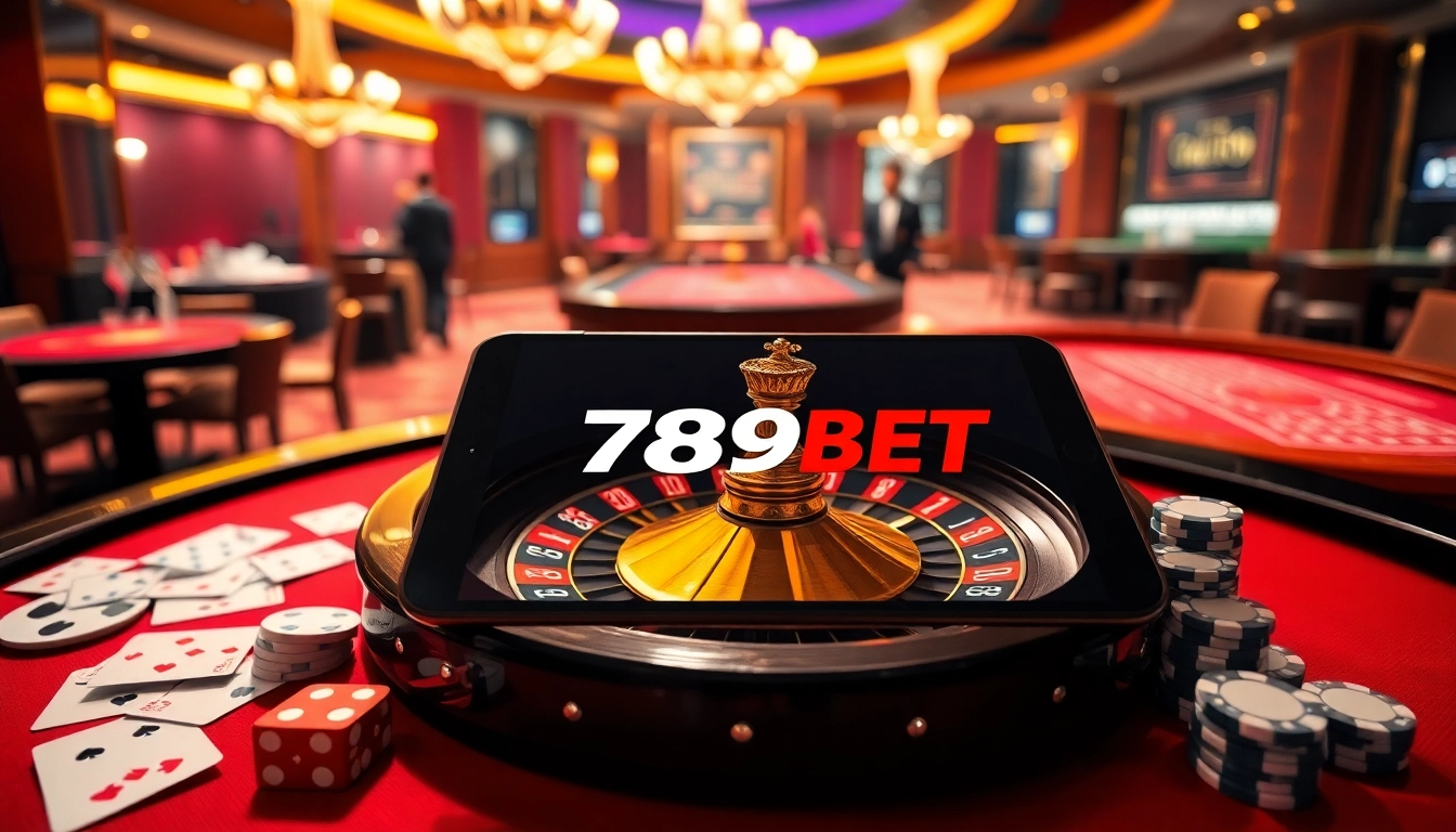 Engaging in đăng nhập 789BET at a luxurious casino with vibrant roulette and poker elements.