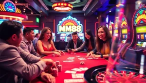 Players enjoying exciting casino games at MM88 with vibrant slots and poker tables.