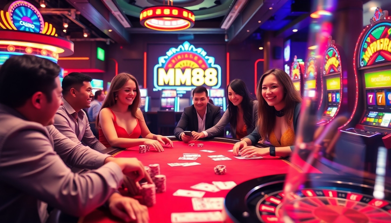 Players enjoying exciting casino games at MM88 with vibrant slots and poker tables.