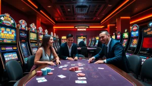 Experience thrilling gambling excitement at NOHU90's vibrant casino tables with eager players.