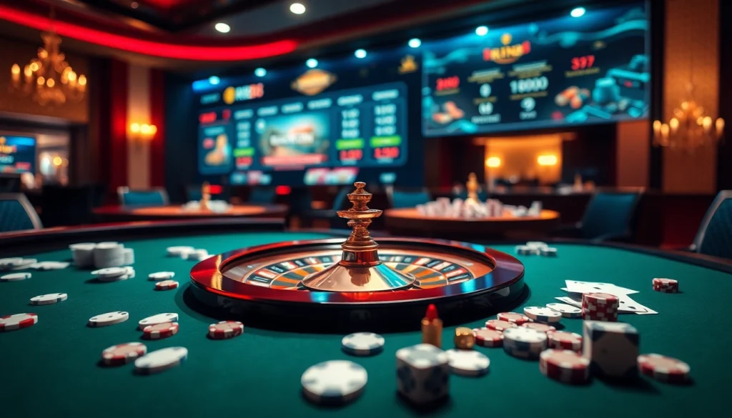 Experience the thrill of gambling at trang chủ rr88, featuring casino tables and a vibrant roulette wheel.