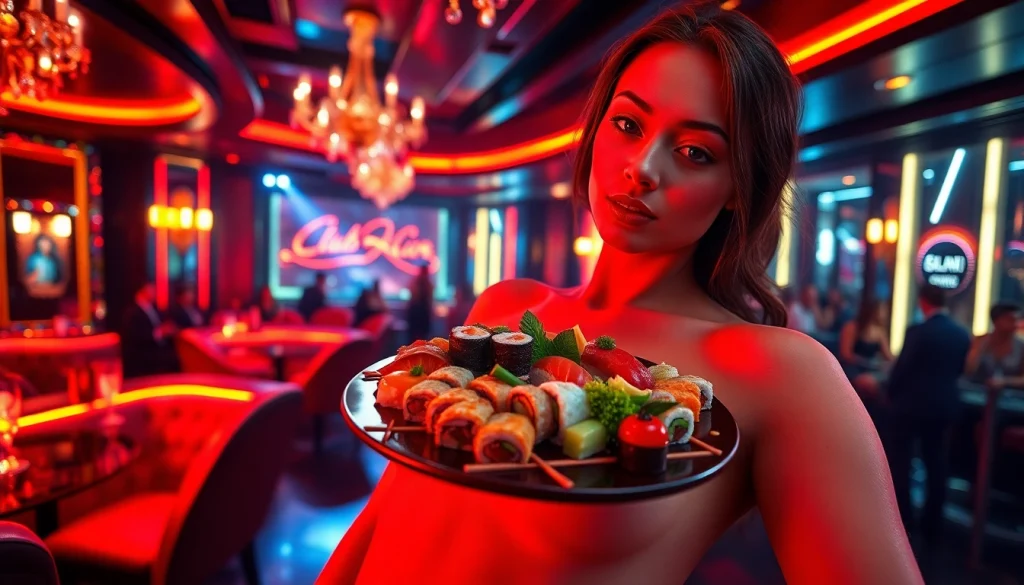 Body sushi delicately presented on an elegant model at a luxurious nightclub.